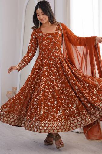 Orange heavy embroidered georgette anarkali set
