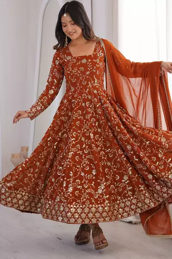 Orange heavy embroidered georgette anarkali set