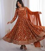 Orange heavy embroidered georgette anarkali set