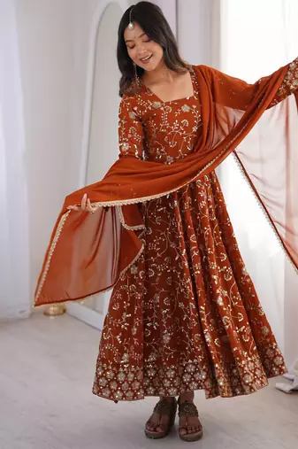 Orange heavy embroidered georgette anarkali set