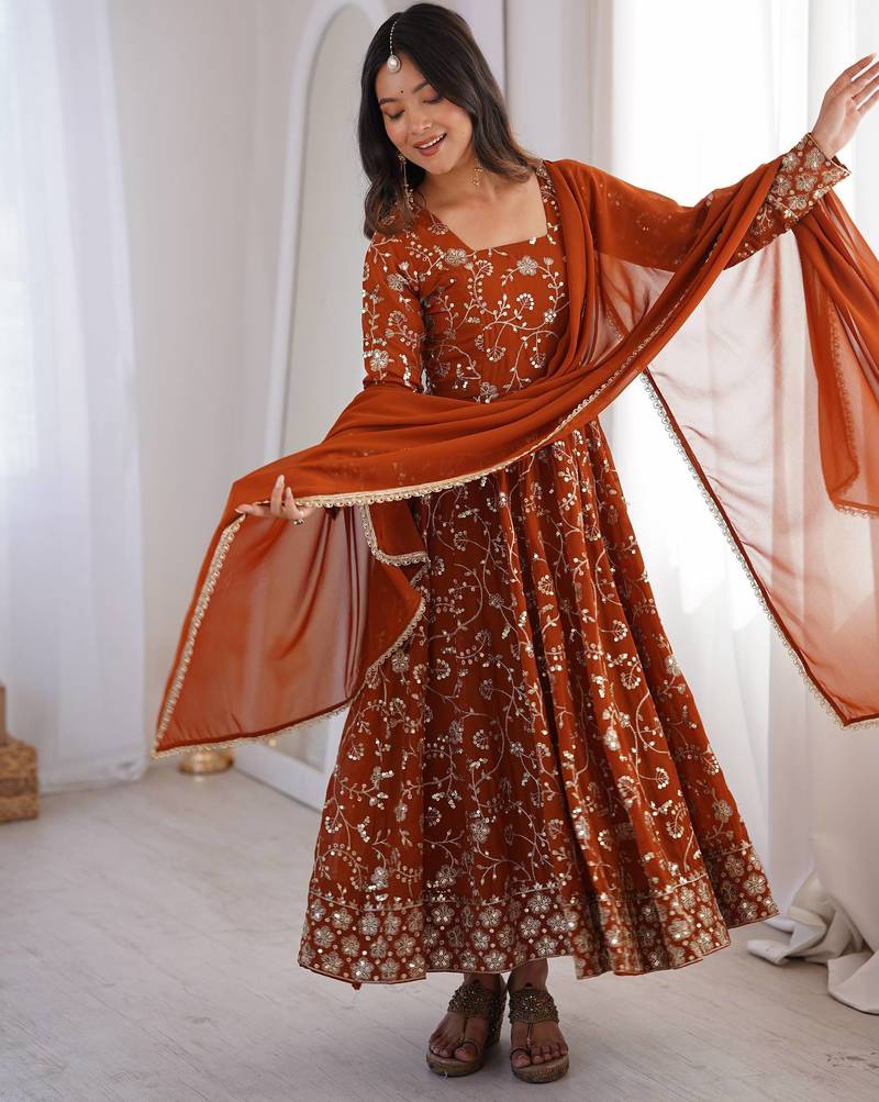 Orange heavy embroidered georgette anarkali set