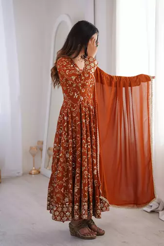 Orange heavy embroidered georgette anarkali set