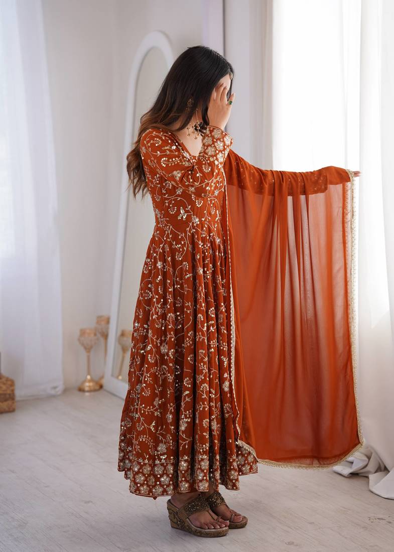 Orange heavy embroidered georgette anarkali set