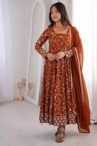Orange heavy embroidered georgette anarkali set