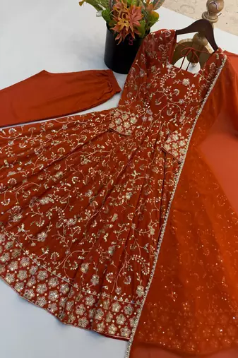 Orange heavy embroidered georgette anarkali set