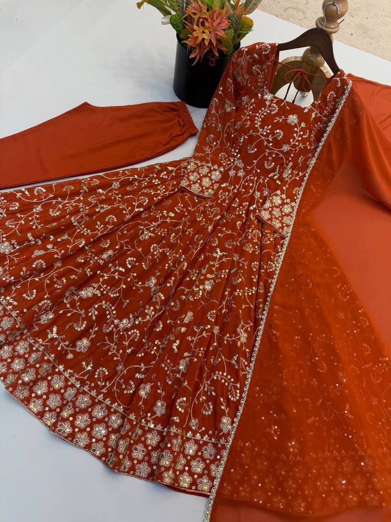 Orange heavy embroidered georgette anarkali set