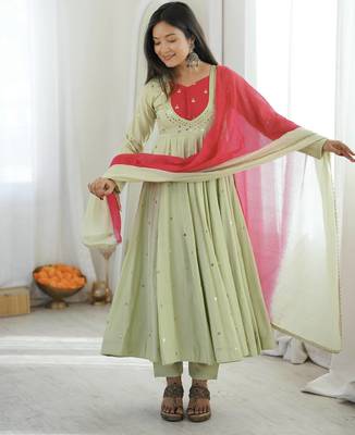 Pista green designer sequins & mirror work roman silk anarkali set 1