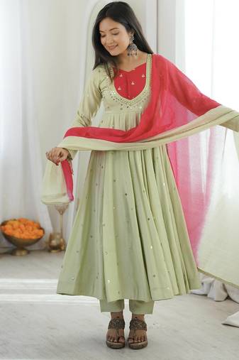 Pista green designer sequins & mirror work roman silk anarkali set