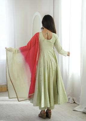 Pista green designer sequins & mirror work roman silk anarkali set 2