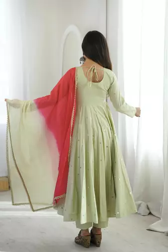 Pista green designer sequins & mirror work roman silk anarkali set