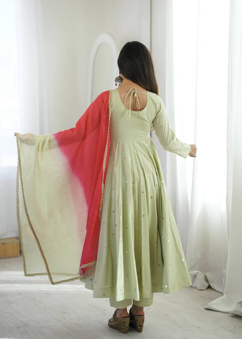 Pista green designer sequins & mirror work roman silk anarkali set