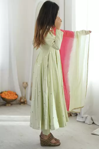 Pista green designer sequins & mirror work roman silk anarkali set