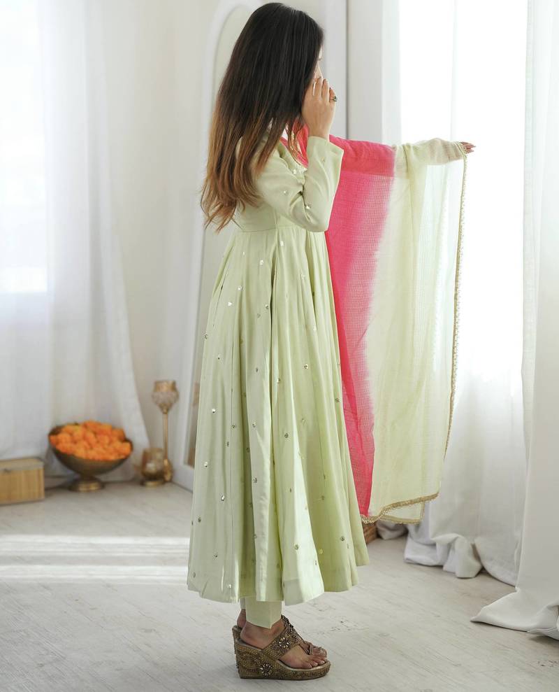 Pista green designer sequins & mirror work roman silk anarkali set