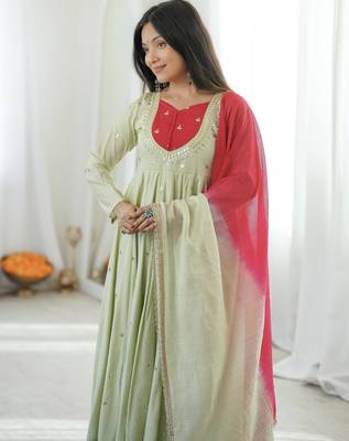 Pista green designer sequins & mirror work roman silk anarkali set 5