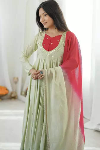 Pista green designer sequins & mirror work roman silk anarkali set