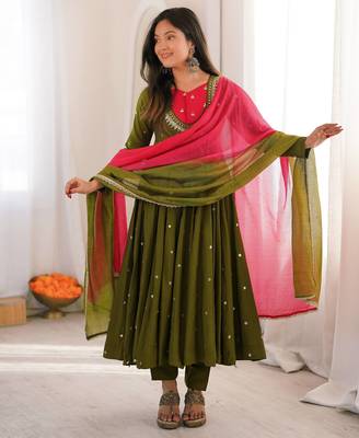 Olive green designer sequins & mirror work roman silk anarkali set 1