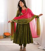 Olive green designer sequins & mirror work roman silk anarkali set