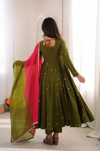 Olive green designer sequins & mirror work roman silk anarkali set