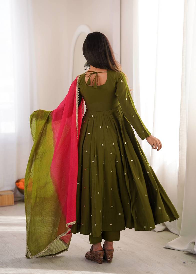 Olive green designer sequins & mirror work roman silk anarkali set
