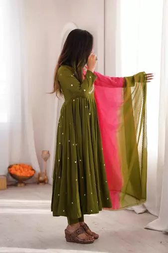 Olive green designer sequins & mirror work roman silk anarkali set