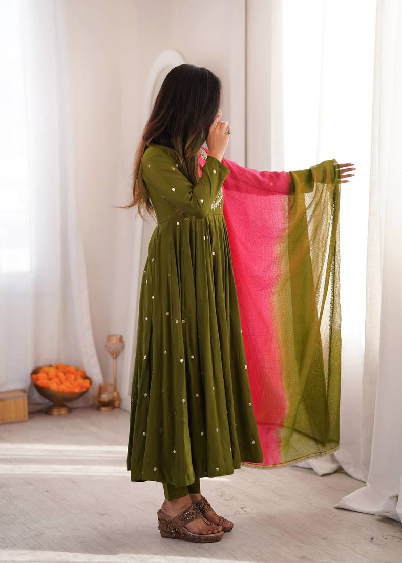 Olive green designer sequins & mirror work roman silk anarkali set