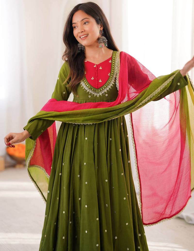 Olive green designer sequins & mirror work roman silk anarkali set