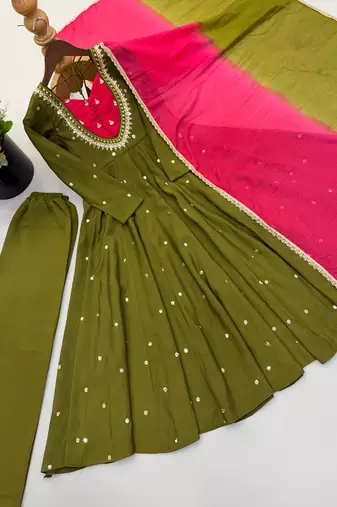 Olive green designer sequins & mirror work roman silk anarkali set