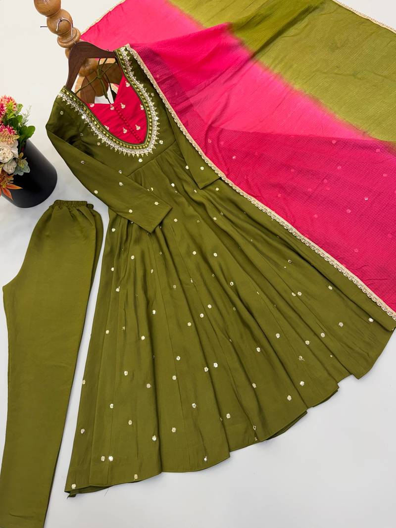 Olive green designer sequins & mirror work roman silk anarkali set