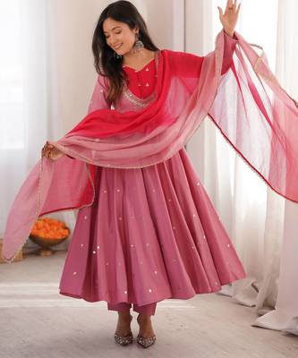 Onion pink designer sequins & mirror work roman silk anarkali set 1