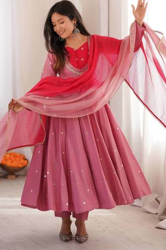 Onion pink designer sequins & mirror work roman silk anarkali set