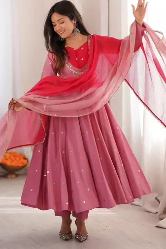 Onion pink designer sequins & mirror work roman silk anarkali set