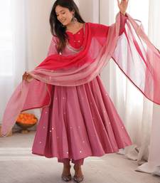 Onion pink designer sequins & mirror work roman silk anarkali set
