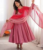 Onion pink designer sequins & mirror work roman silk anarkali set