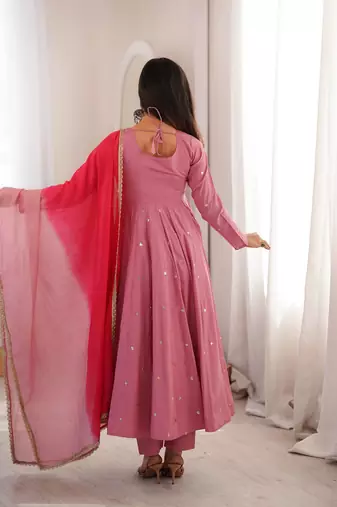 Onion pink designer sequins & mirror work roman silk anarkali set