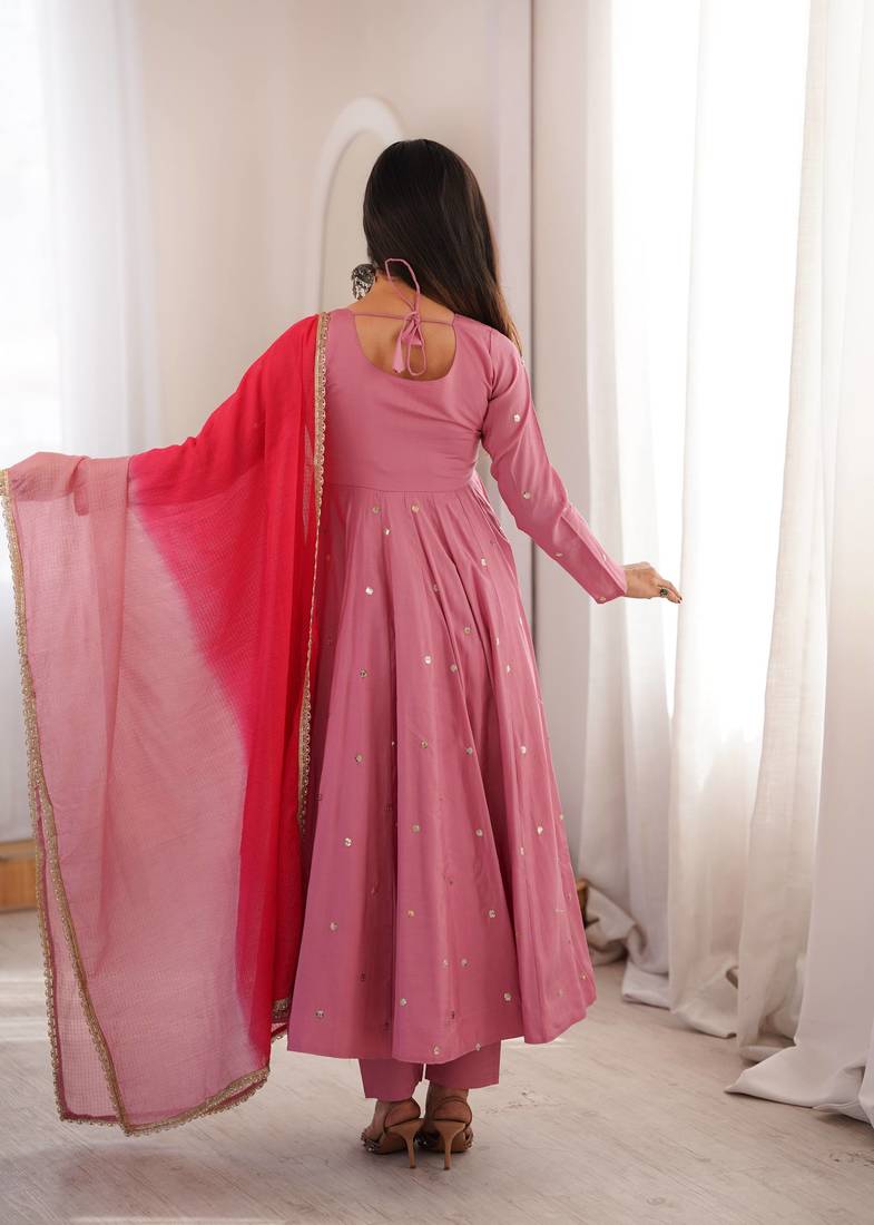 Onion pink designer sequins & mirror work roman silk anarkali set