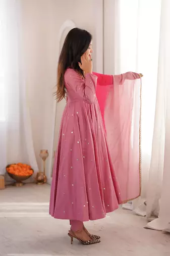 Onion pink designer sequins & mirror work roman silk anarkali set