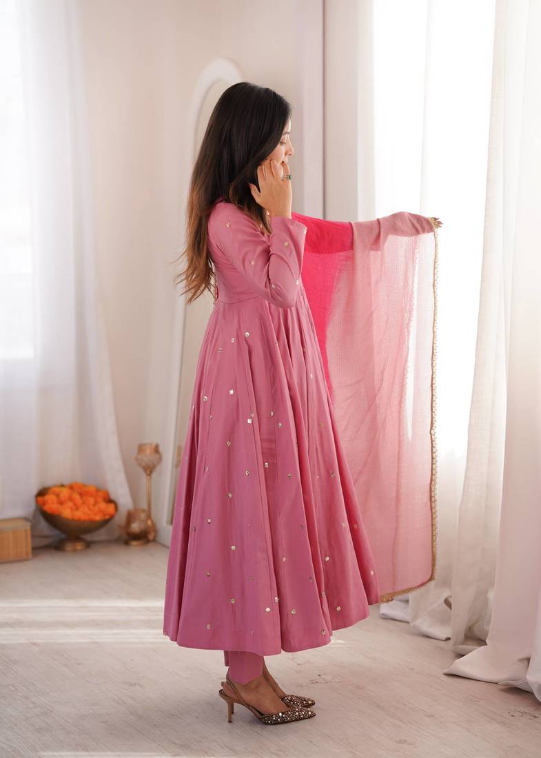 Onion pink designer sequins & mirror work roman silk anarkali set