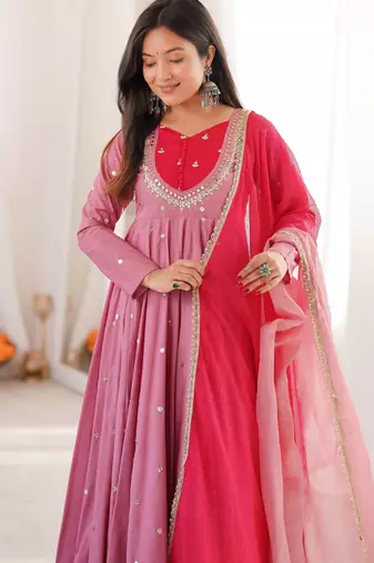 Onion pink designer sequins & mirror work roman silk anarkali set