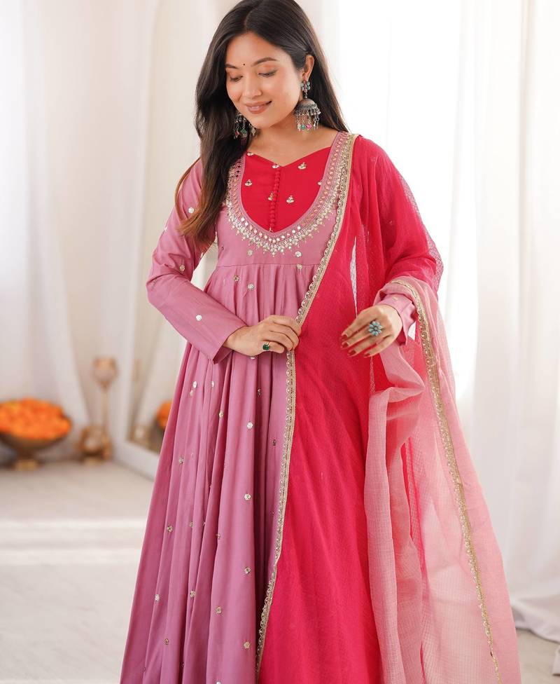 Onion pink designer sequins & mirror work roman silk anarkali set