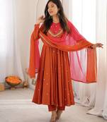 Rust orange designer sequins & mirror work roman silk anarkali set