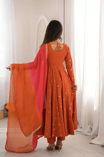 Rust orange designer sequins & mirror work roman silk anarkali set