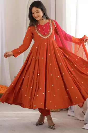 Rust orange designer sequins & mirror work roman silk anarkali set