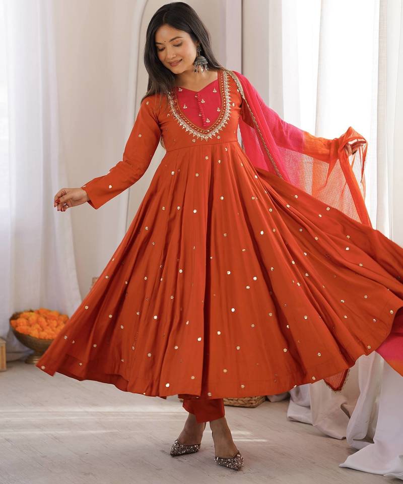 Rust orange designer sequins & mirror work roman silk anarkali set