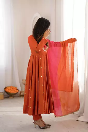 Rust orange designer sequins & mirror work roman silk anarkali set