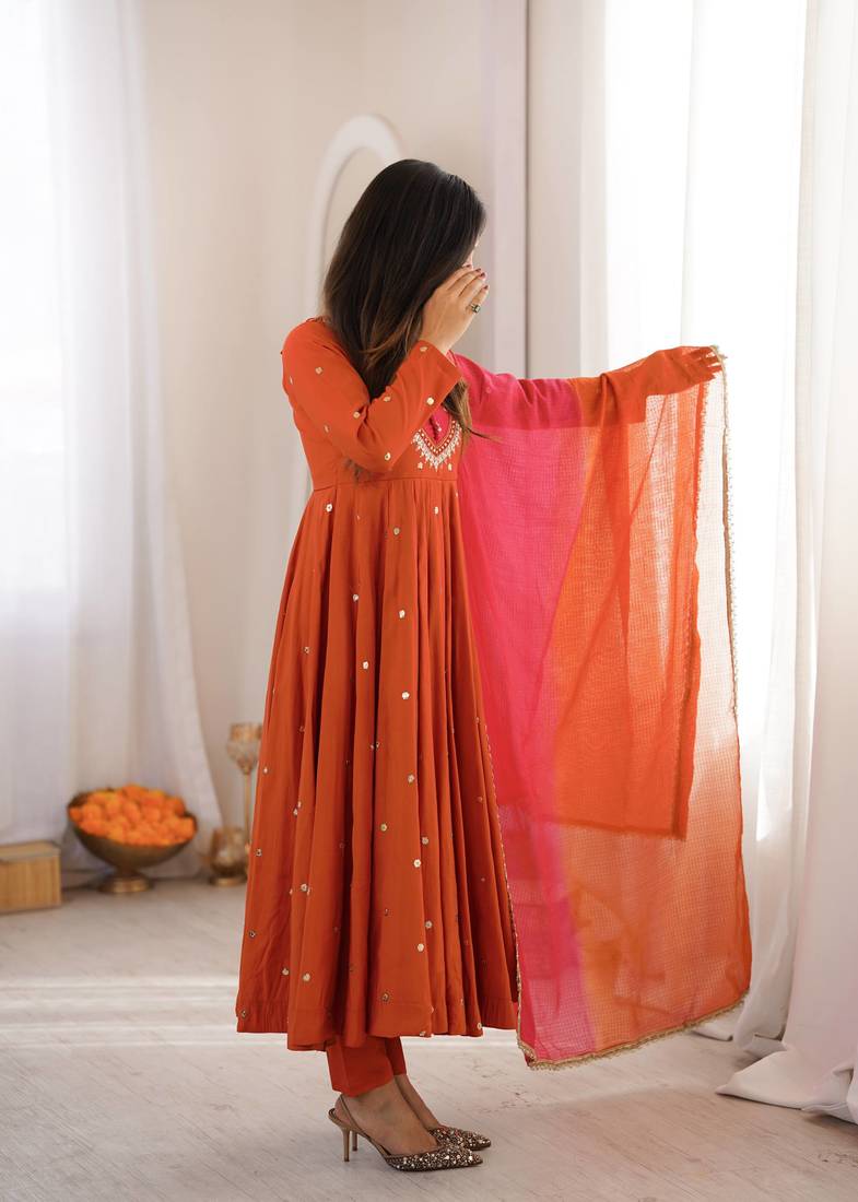 Rust orange designer sequins & mirror work roman silk anarkali set