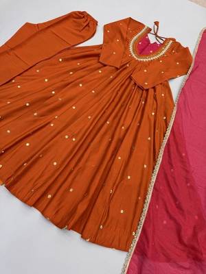 Rust orange designer sequins & mirror work roman silk anarkali set 5