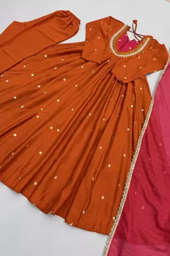 Rust orange designer sequins & mirror work roman silk anarkali set