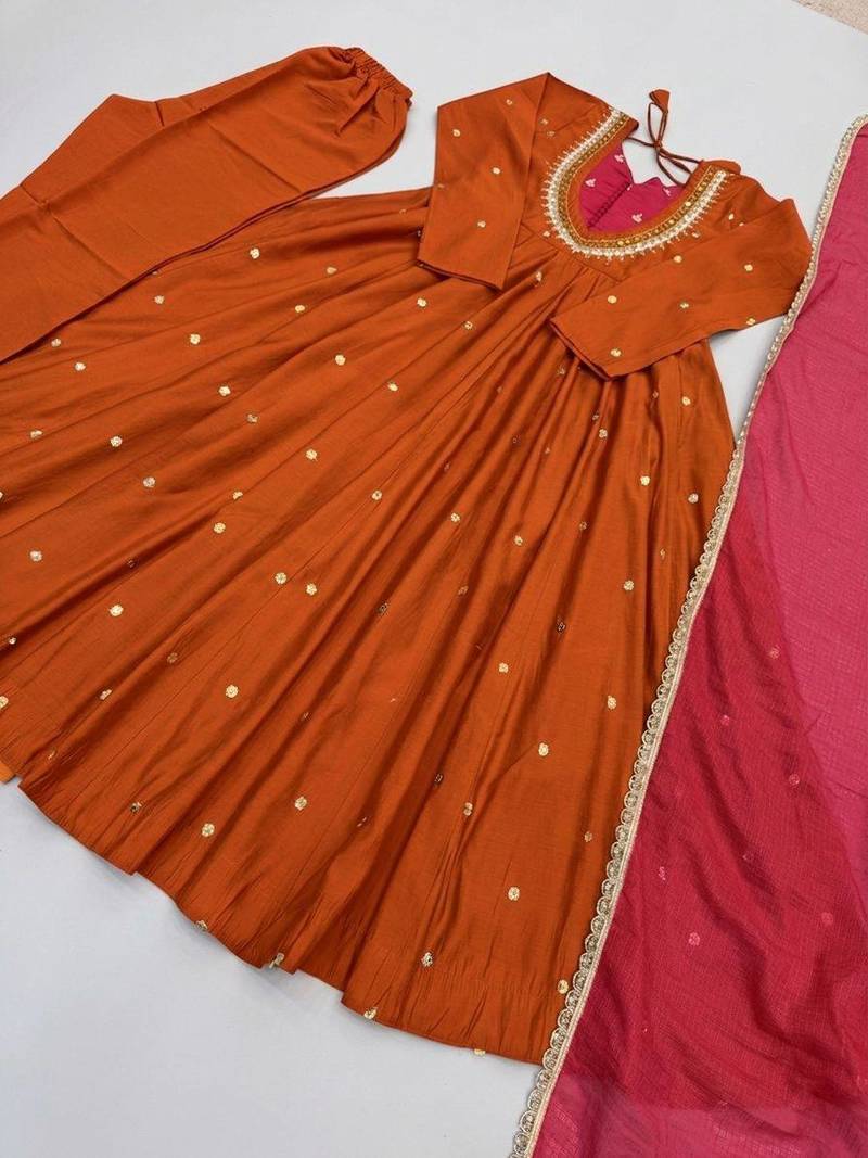 Rust orange designer sequins & mirror work roman silk anarkali set