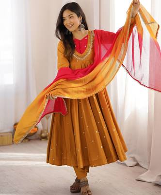 Mustard yellow designer sequins & mirror work roman silk anarkali set 1