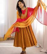 Mustard yellow designer sequins & mirror work roman silk anarkali set
